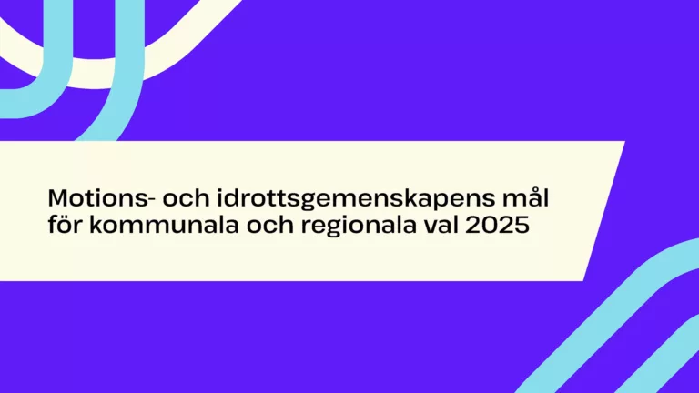 En grafisk bild med lila bakgrund. Stig liknande mönster i den övre vänstra hörnet och nedre högra hörnet. Det finns en vit balk i mitten av bilden vart det står motions och idrottsgemenskapens mål för kommunala och regionala val 2025.